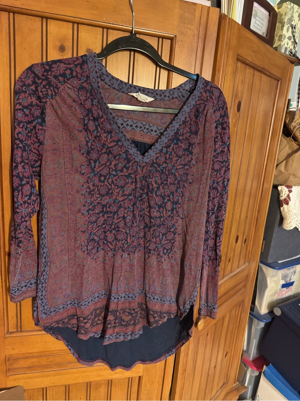 Lucky Brand Navy and Burgundy Floral V-Neck Long Sleeve Top